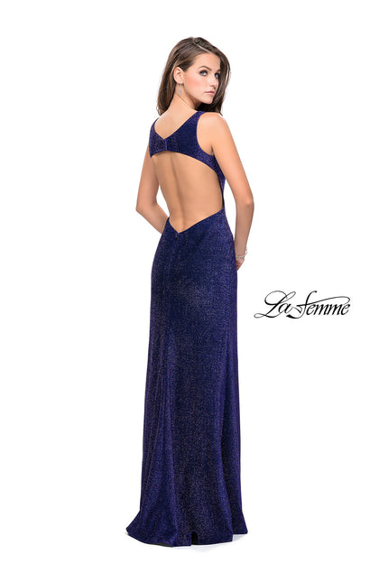Picture of: Sparkling Jersey Prom Dress with Open Diamond Back in Navy, Style: 25869, Back Picture
