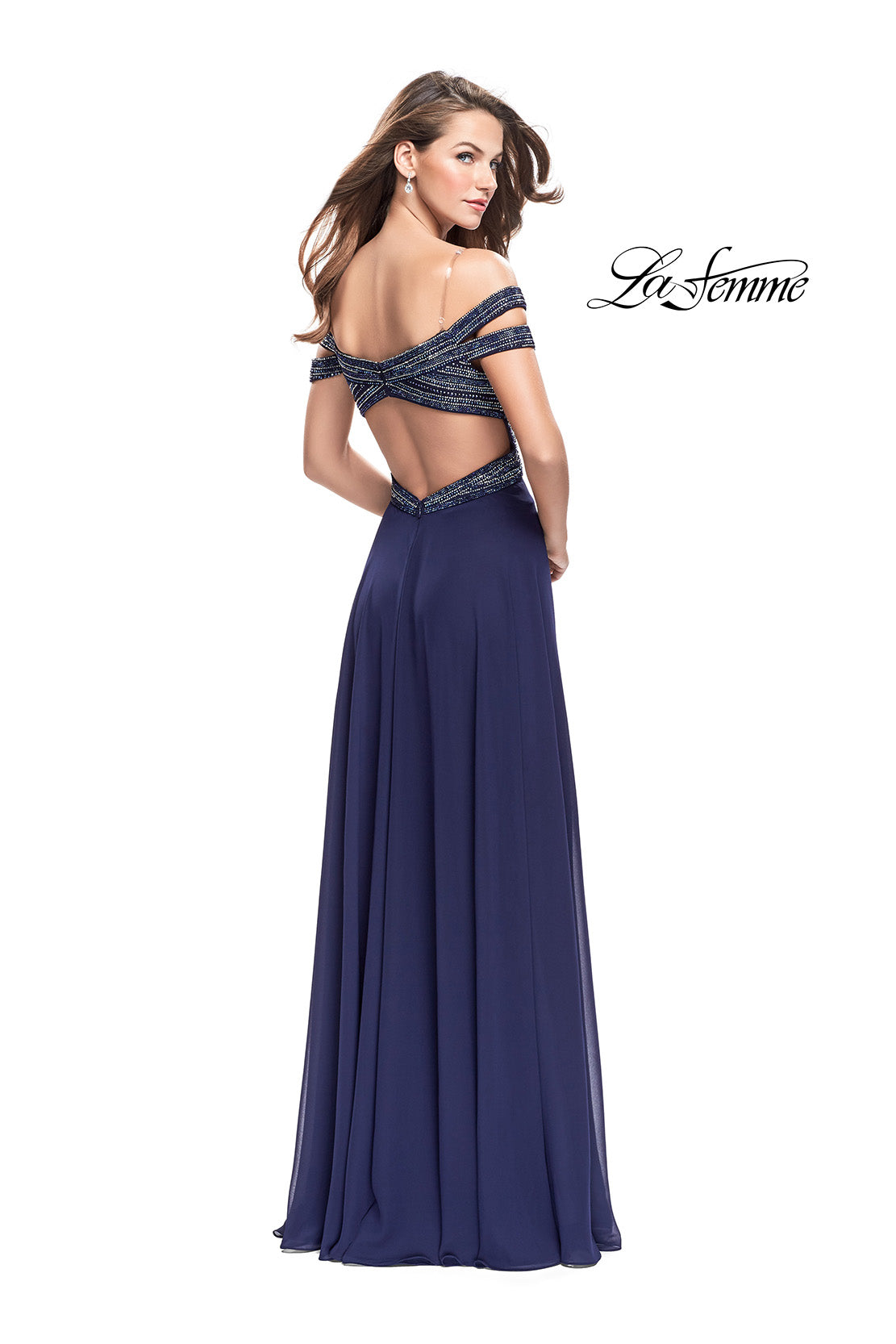 Picture of: A-Line Prom Gown with Beaded Bodice and Chiffon Skirt in Navy, Style: 26059, Back Picture