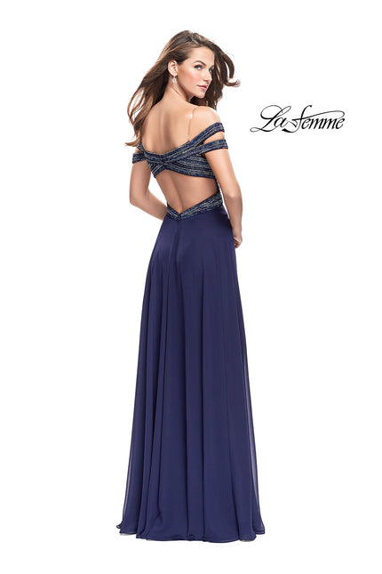 Picture of: A-Line Prom Gown with Beaded Bodice and Chiffon Skirt in Navy, Style: 26059, Back Picture
