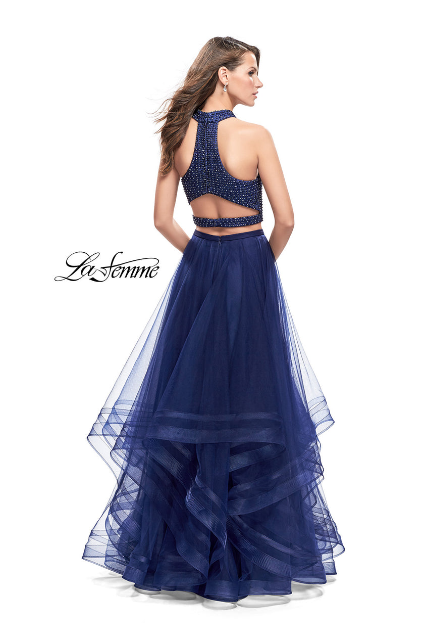 Picture of: Two Piece Prom Gown with Ruffle Tulle Skirt and Beading in Navy, Style: 26077, Back Picture