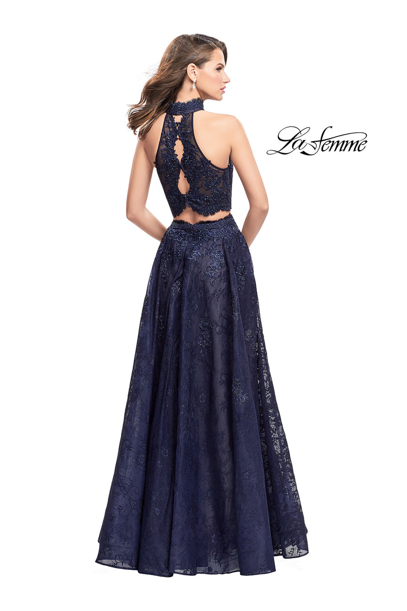 Picture of: Long Lace A-line Two Piece Prom Dress with Cut Outs in Navy, Style: 26103, Back Picture