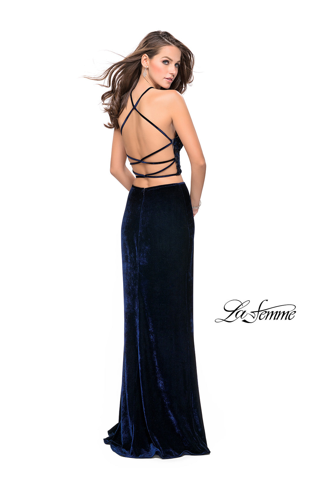 Picture of: Long Velvet Two Piece Prom Dress with Printed Bodice in Navy, Style: 26115, Back Picture