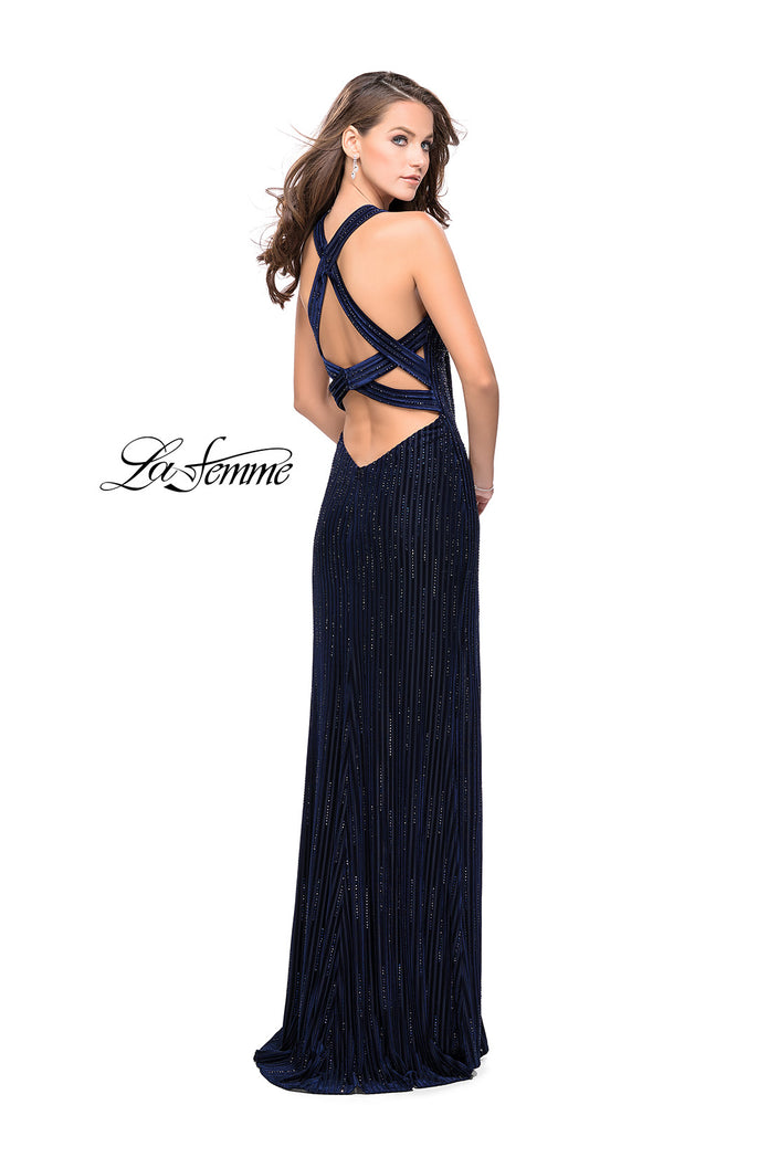 Picture of: Beaded Velvet Patterned Long Prom Dress with Slit in Navy, Style: 26116, Back Picture