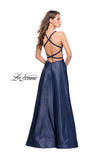 Picture of: Long A-line Beaded Mikado Prom Dress with Pockets in Navy, Style: 26162, Back Picture