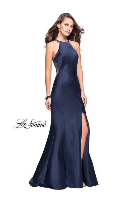 Picture of: Mikado Mermaid Dress with High Neck and Beading in Navy, Style: 26181, Back Picture
