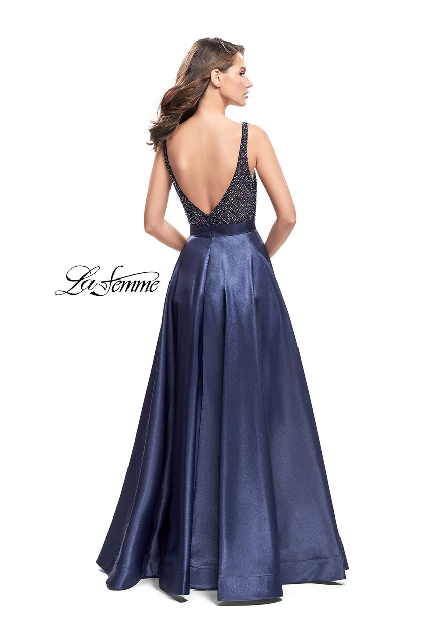 Picture of: Long Mikado Prom Dress with Beaded Bodice in Navy, Style: 26203, Back Picture
