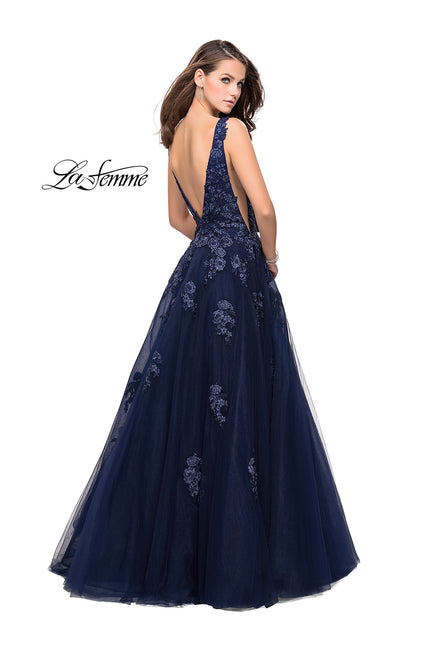 Picture of: Tulle Ball Gown with Beading, Lace, and Mesh Detailing in Navy, Style: 26334, Back Picture