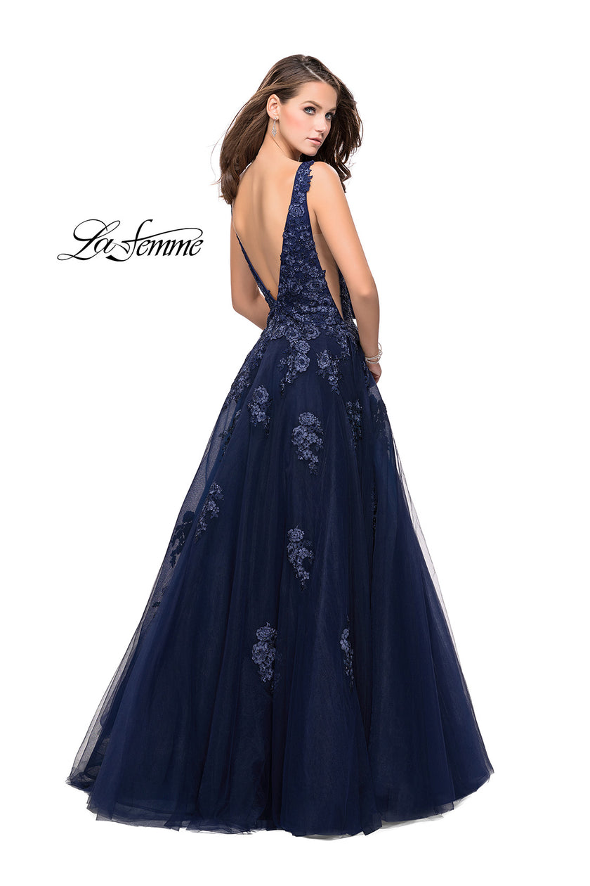 Picture of: Tulle Ball Gown with Beading, Lace, and Mesh Detailing in Navy, Style: 26334, Back Picture