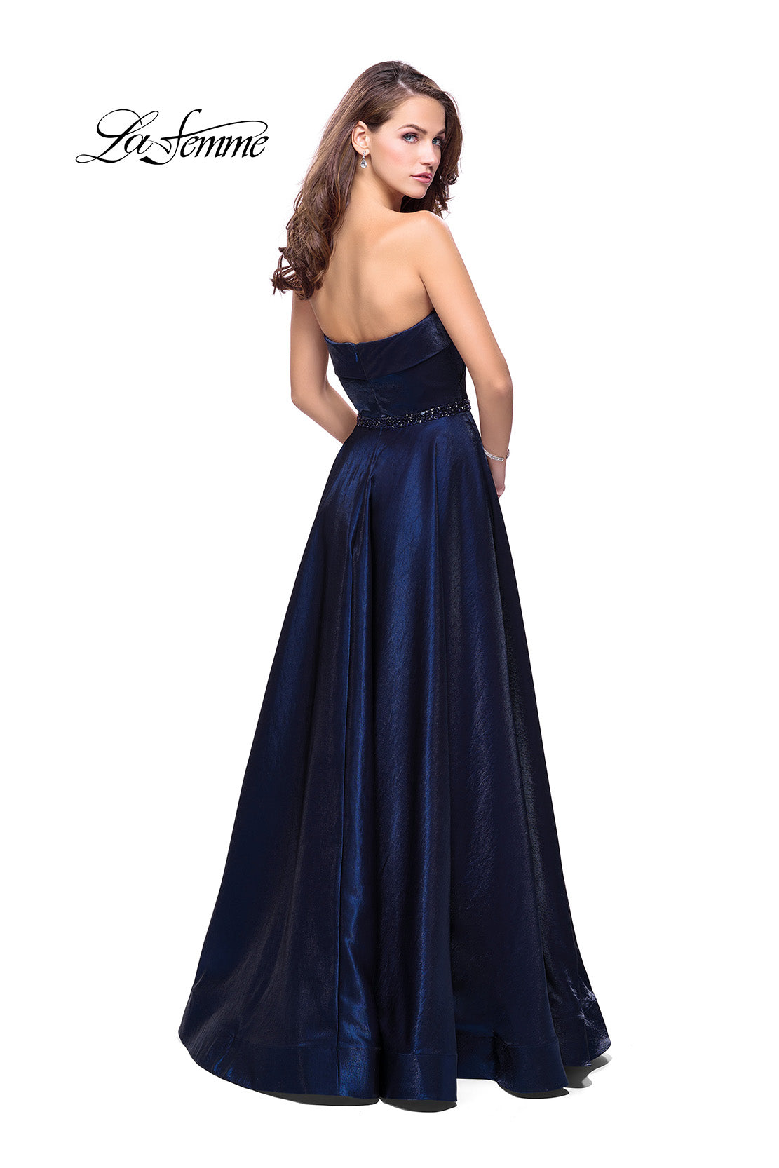 Picture of: Long Strapless Satin A-line Prom Dress with Pockets in Navy, Style: 26340, Back Picture