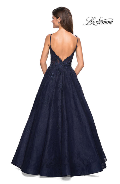 Picture of: Lace Detail Long A Line Prom Dress with Open Back in Navy, Style: 27030, Back Picture