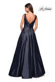Picture of: Long Mikado Ball Gown with V Front and Back in Navy, Style: 27202, Back Picture