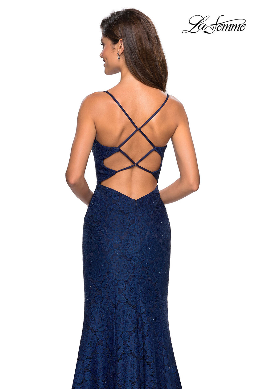 Picture of: Stretch Lace Gown with Square Neckline and Open Back in Navy, Style: 27565, Back Picture