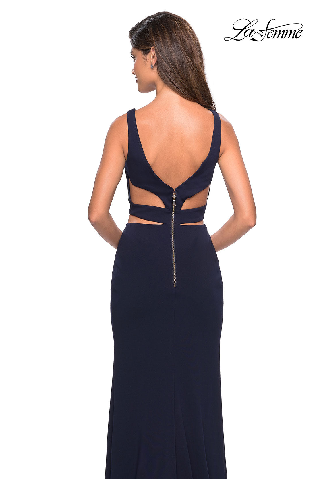 Picture of: Faux Two Piece Dress with Exposed Zipper and Cut Outs in Navy, Style: 27588, Back Picture