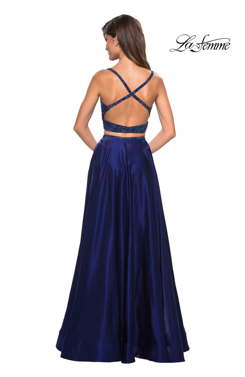 Picture of: Two PIece Satin Prom Dress with Rhinestone Top in Navy, Style: 27607, Back Picture