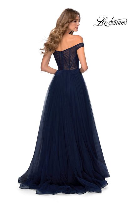 Picture of: Off The Shoulder Tulle Prom Dress with Sheer Bodice in Navy, Style: 28462, Back Picture