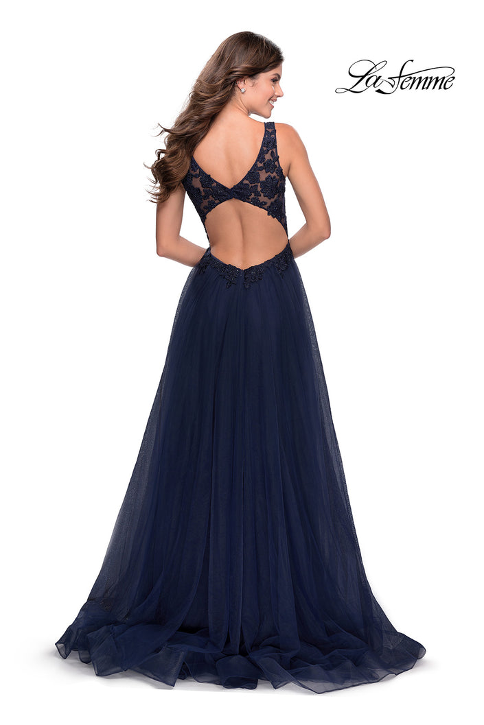 Picture of: Pretty A-line Prom Dress with Sheer Floral Bodice in Navy, Style: 28680, Back Picture