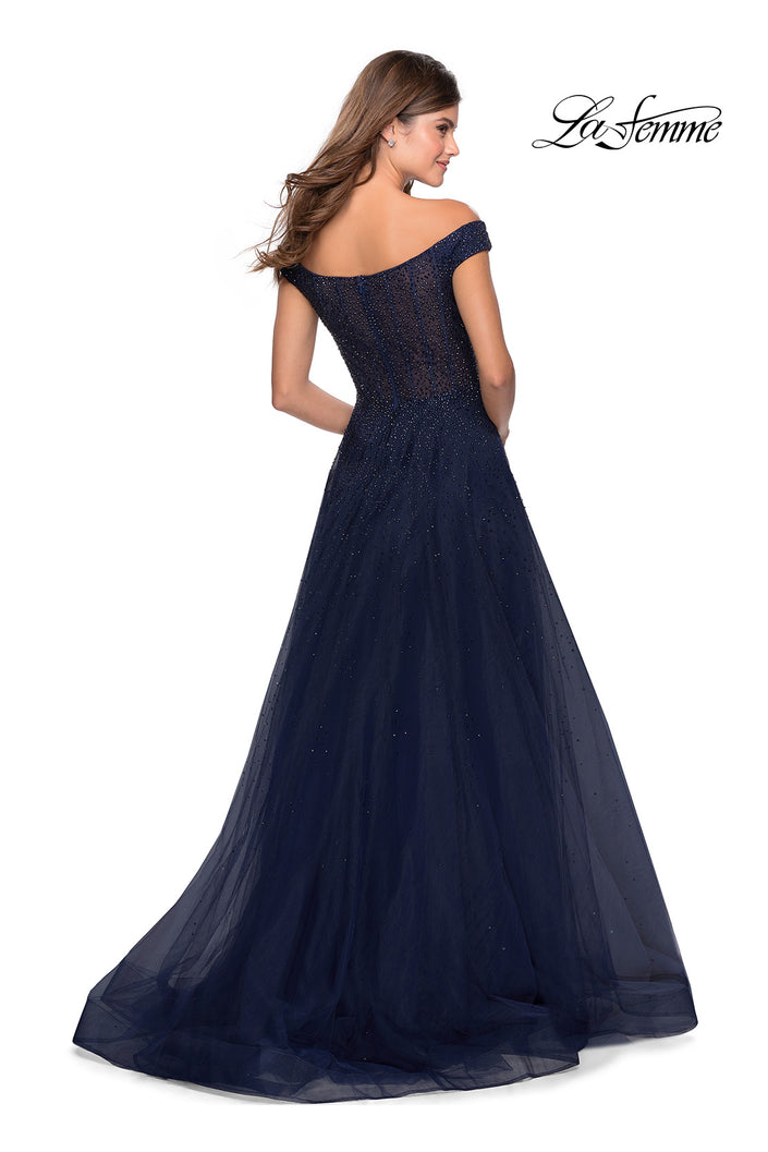 Picture of: Off The Shoulder Beaded Tulle Prom Dress in Navy, Style: 28774, Back Picture