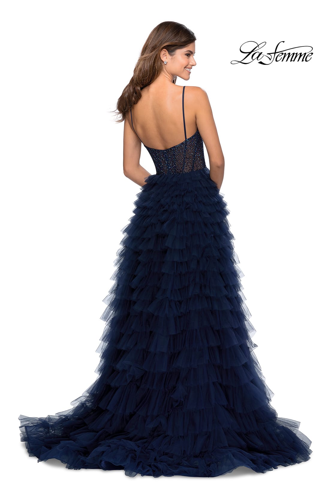 Picture of: Layered Tulle Prom Dress with Sheer Rhinestone Top in Navy, Style: 28788, Back Picture