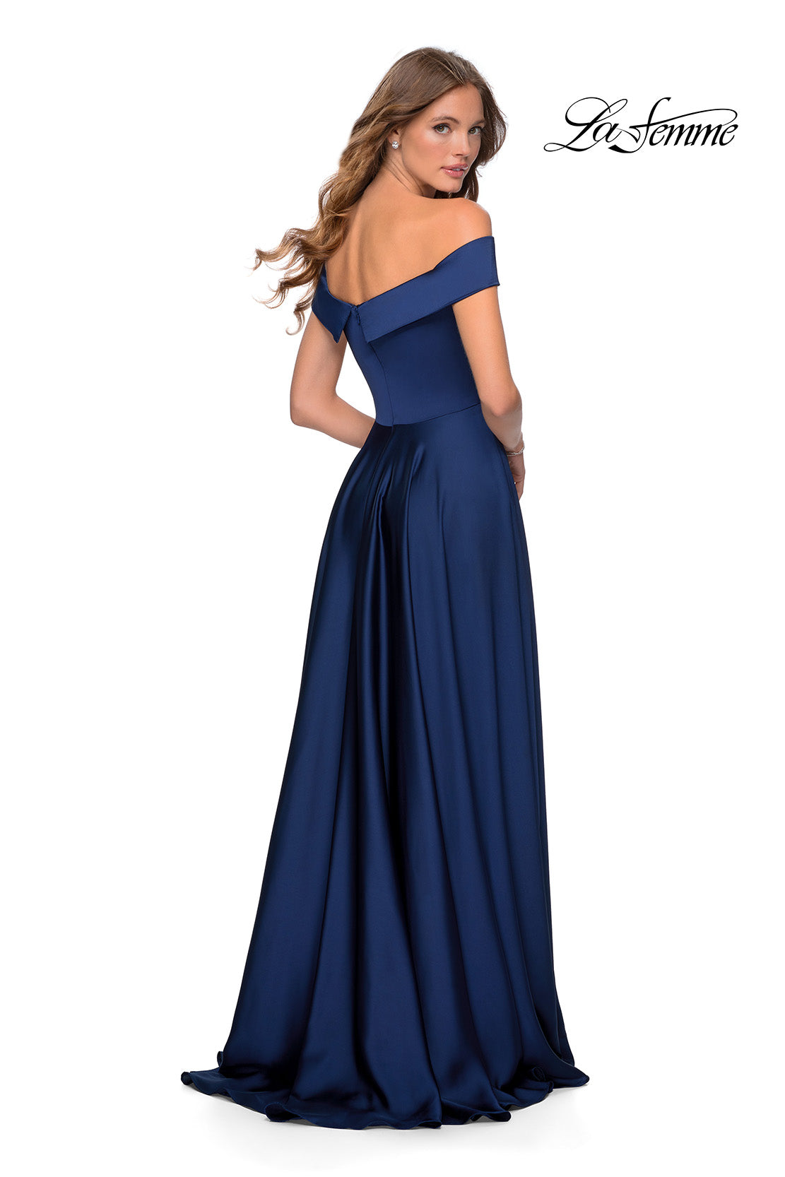 Picture of: Satin Off the Shoulder Evening Dress with Pockets in Navy, Style: 28978, Back Picture