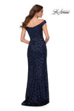 Picture of: Off the Shoulder Sequin Long Dress with Skirt Slit in Navy, Style 29653, Back Picture