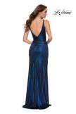 Picture of: Gorgeous Metallic Jersey Gown with Ruffle Detail in Navy, Style 29759, Back Picture
