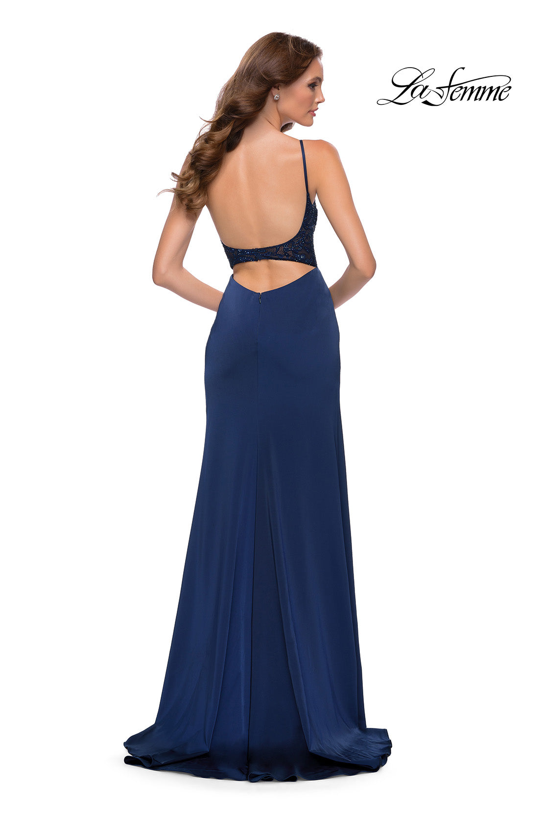 Picture of: Satin Dress with Sheer Lace Bodice and Slit in Navy, Style 29888, Back Picture
