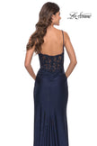 Picture of: Lace Applique Sheer Back Rhinestone Jersey Dress in Navy, Style: 31361, Back Picture