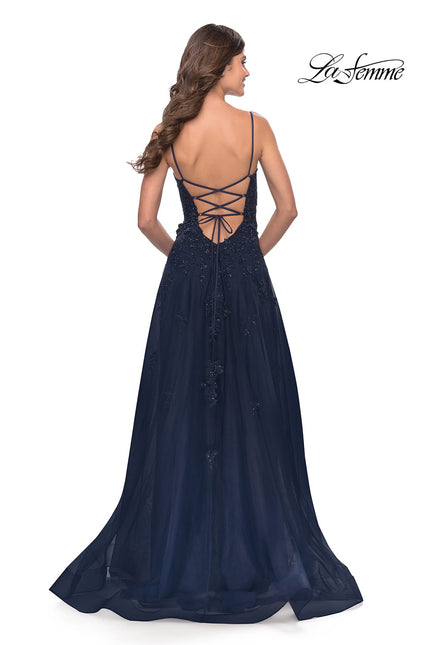 Picture of: Charming Tulle and Lace Gown with Illusion Bodice in Navy, Style: 31381, Back Picture