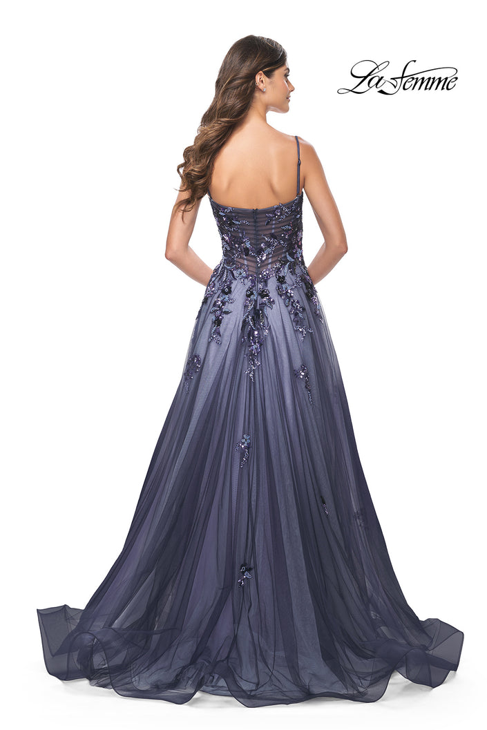 Picture of: Two Tone A-Line Tulle Gown with Ruching and Sequin Lace Detail in Navy, Style: 32185, Back Picture