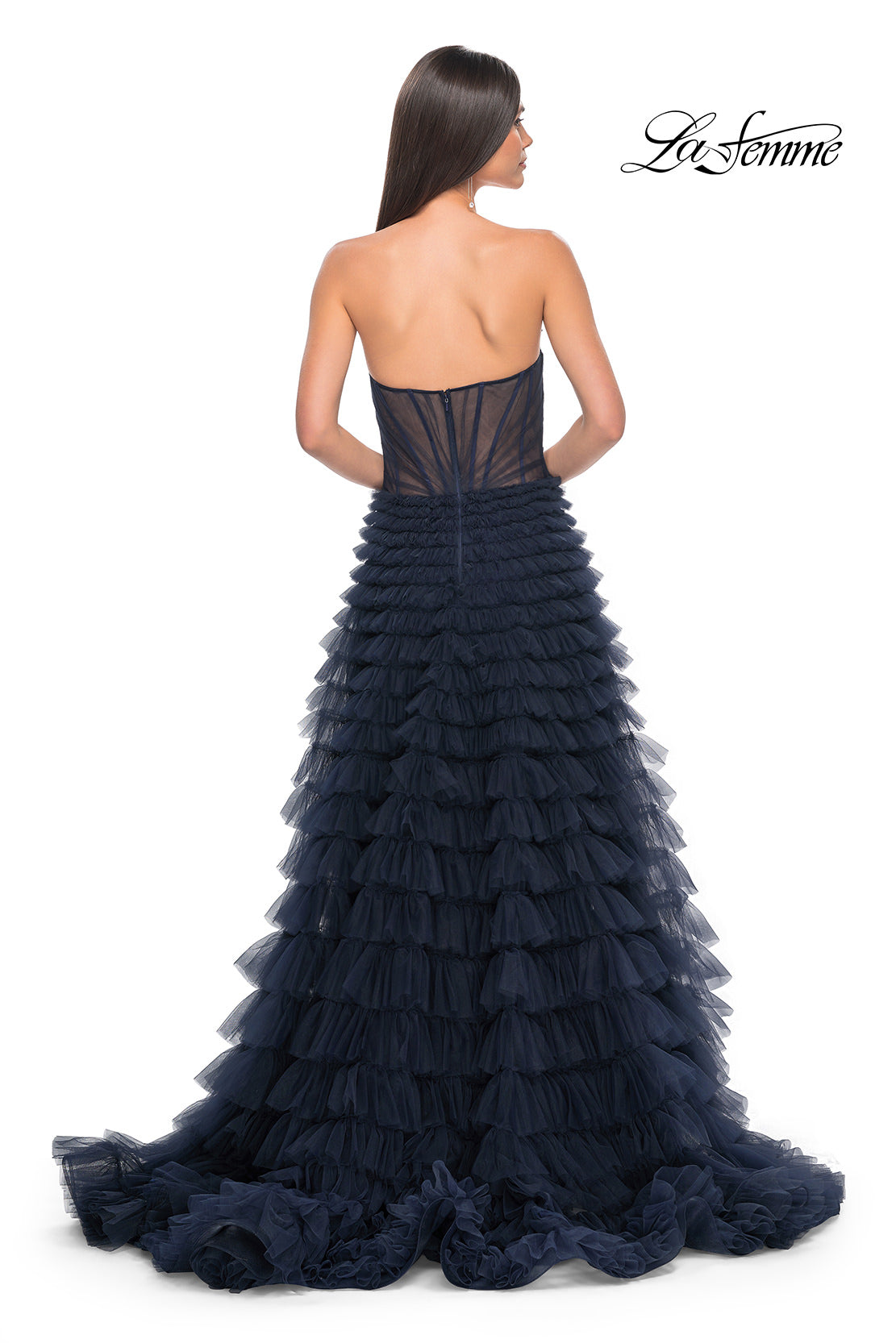 Picture of: A-Line Ruffle Tulle Prom Dress with Sweetheart Top in Navy, Style: 32283, Back Picture