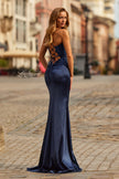 Picture of: Rhinestone Lace Bodice Gown with Slit and Lace-Up Back in Navy, Style: 33498, Back Picture