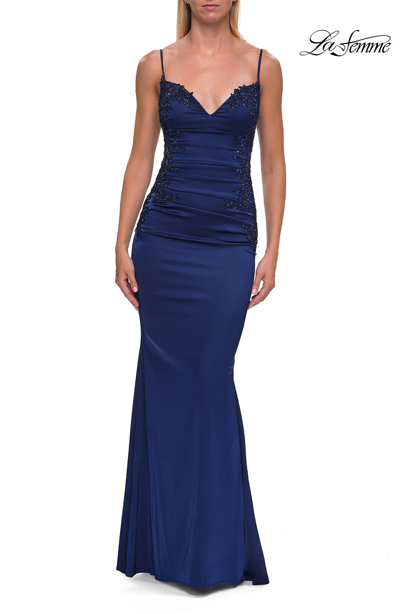 Picture of: Illusion Lace Side Satin Gown with Lace-Up Back in Navy, Style: 33697, Detail Picture 18