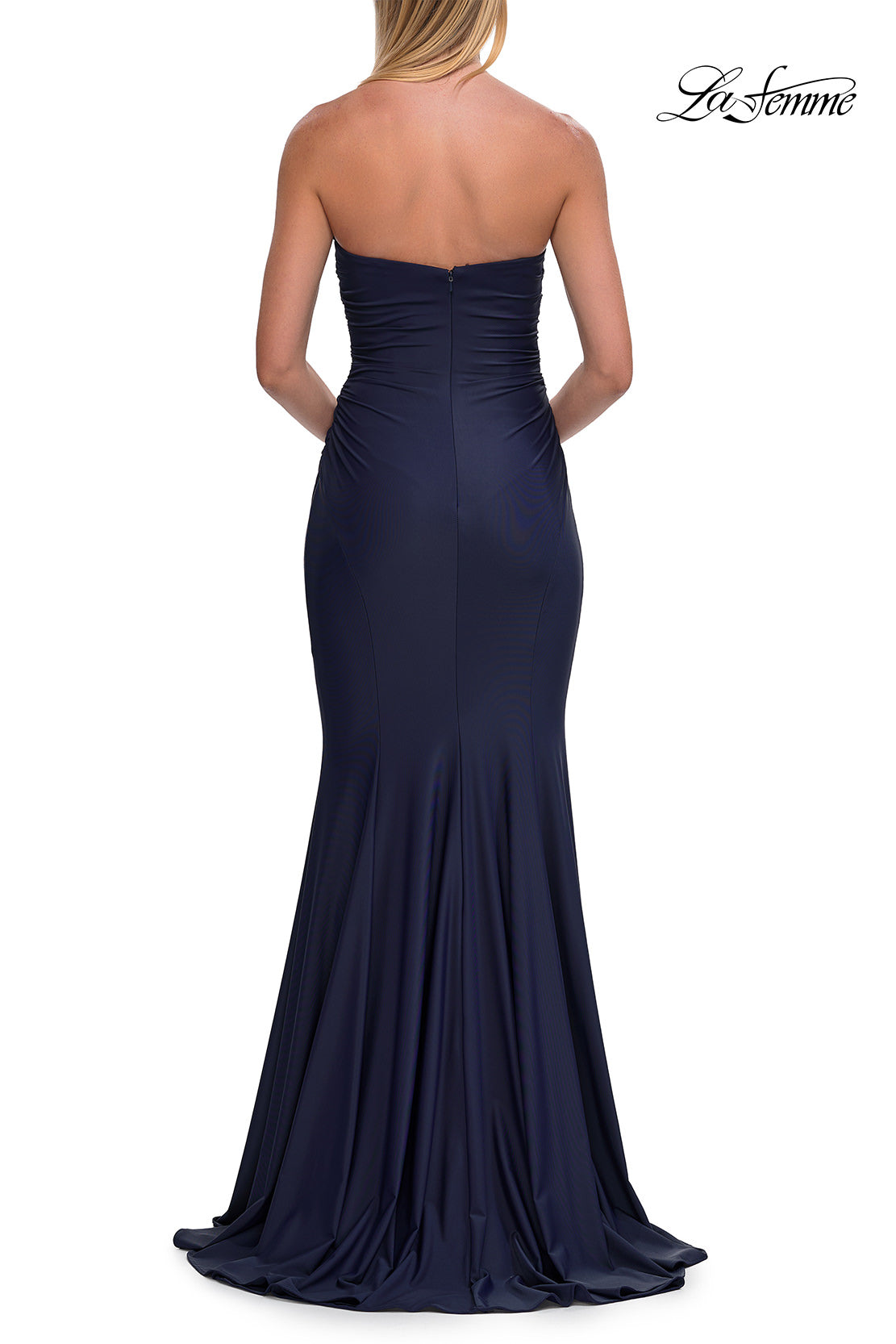 Picture of: Strapless Fitted Jersey Evening Gown with Ruching in Navy, Style: 33403, Detail Picture 19