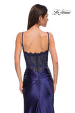 Picture of: Ruched Satin Evening Dress with Sheer Lace Top and Scallop Neckline in Navy , Style 32689, Detail Picture 20