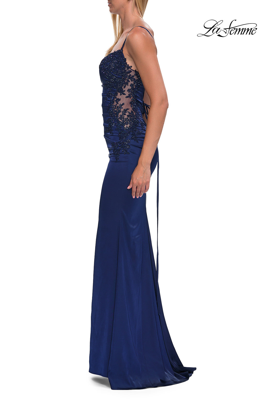 Picture of: Illusion Lace Side Satin Gown with Lace-Up Back in Navy, Style: 33697, Detail Picture 20