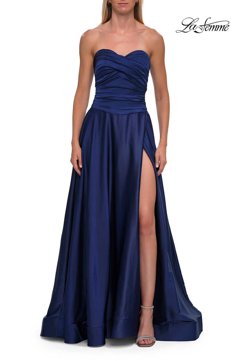 Picture of: Strapless Satin A-Line Gown with Draped Bodice and High Slit in Navy, Style: 33417, Detail Picture 21