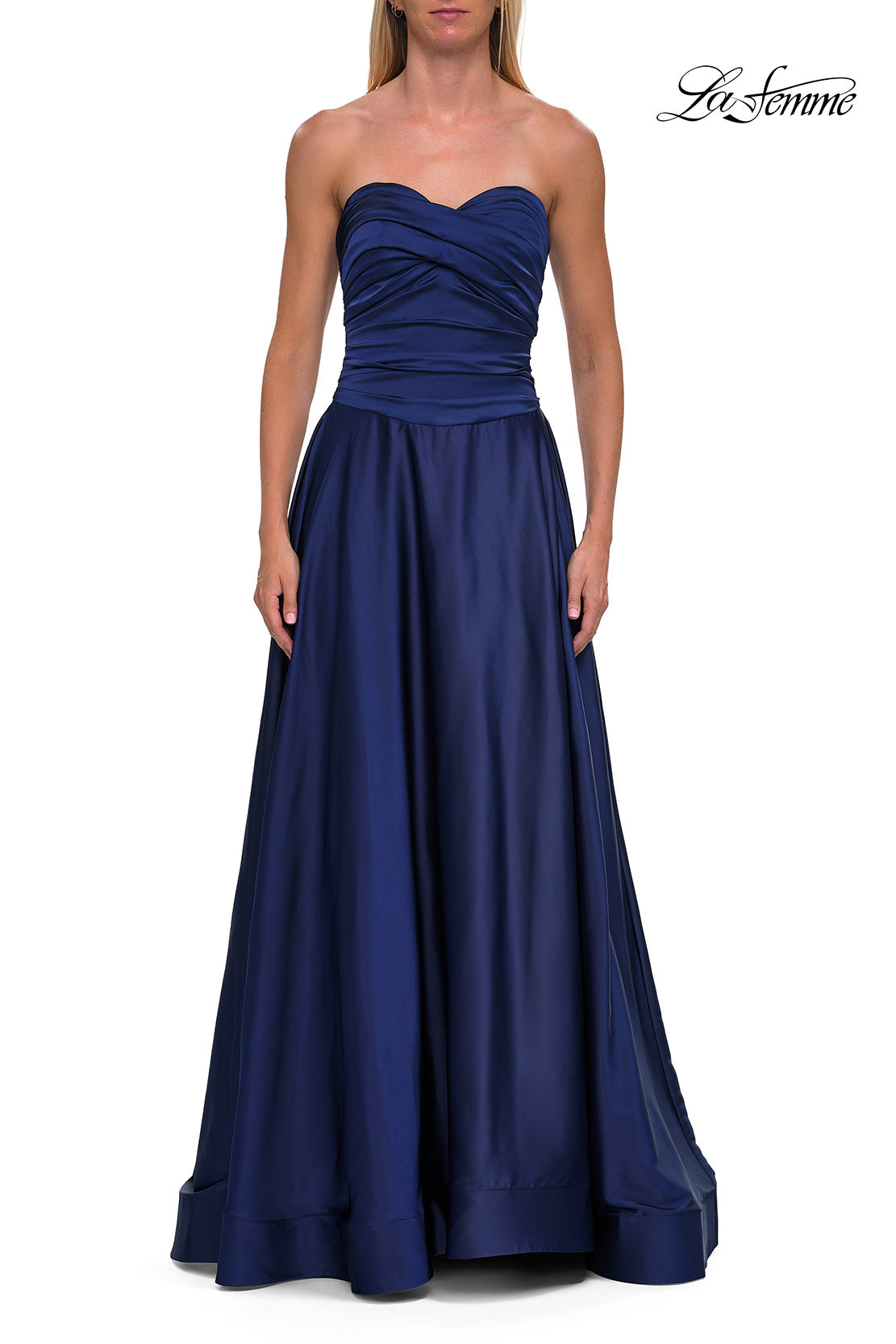 Picture of: Strapless Satin A-Line Gown with Draped Bodice and High Slit in Navy, Style: 33417, Detail Picture 22