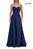 Picture of: Strapless Satin A-Line Gown with Draped Bodice and High Slit in Navy, Style: 33417, Detail Picture 22