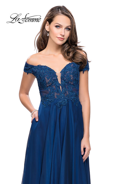 Picture of: Chiffon Prom Dress with Off the Shoulder Lace Top in Navy, Style: 25129, Detail Picture 1, Detail Picture 1