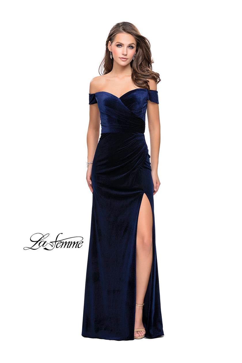 Picture of: Off the Shoulder Mermaid Gown with Strappy Back and Train in Navy, Style: 25213, Detail Picture 1
