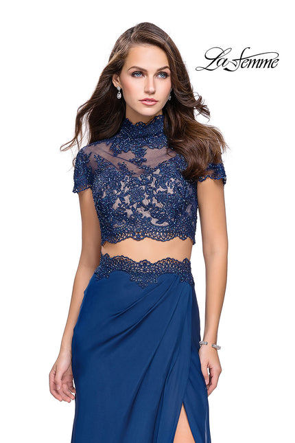 Picture of: Chiffon Two Piece Gown with Lace Top and Belt Detail in Navy, Style: 25384, Detail Picture 1