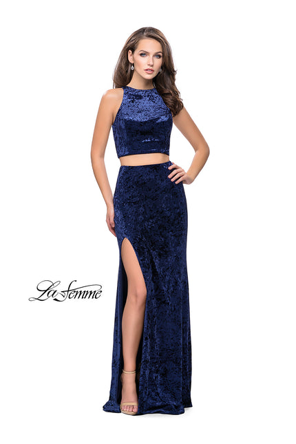 Picture of: Crush Velvet Two Piece Prom Dress with Slit in Navy, Style: 25431, Detail Picture 1