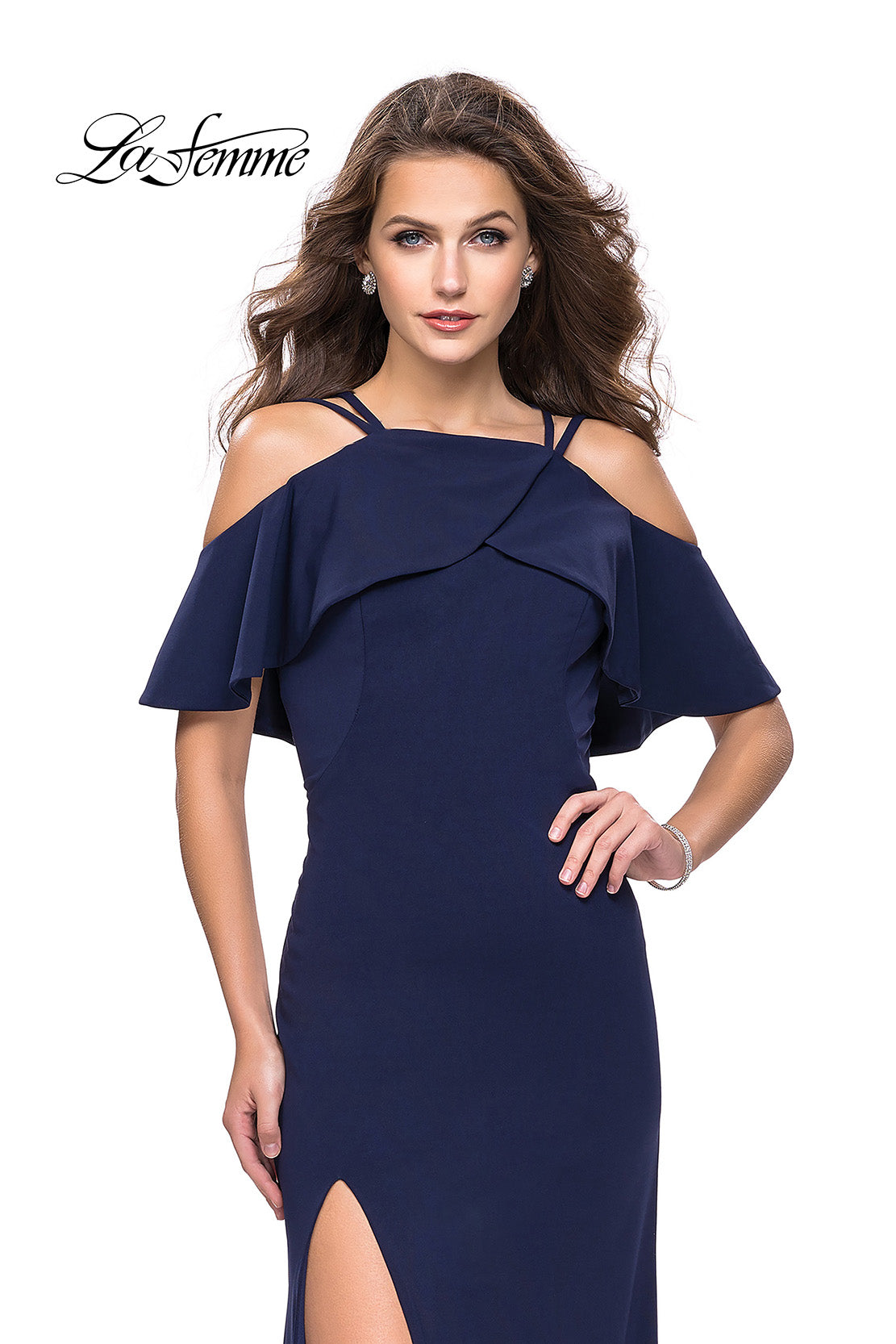 Picture of: Long Jersey Prom Dress with Off the Shoulder Ruffle Detail in Navy, Style: 25556, Detail Picture 1