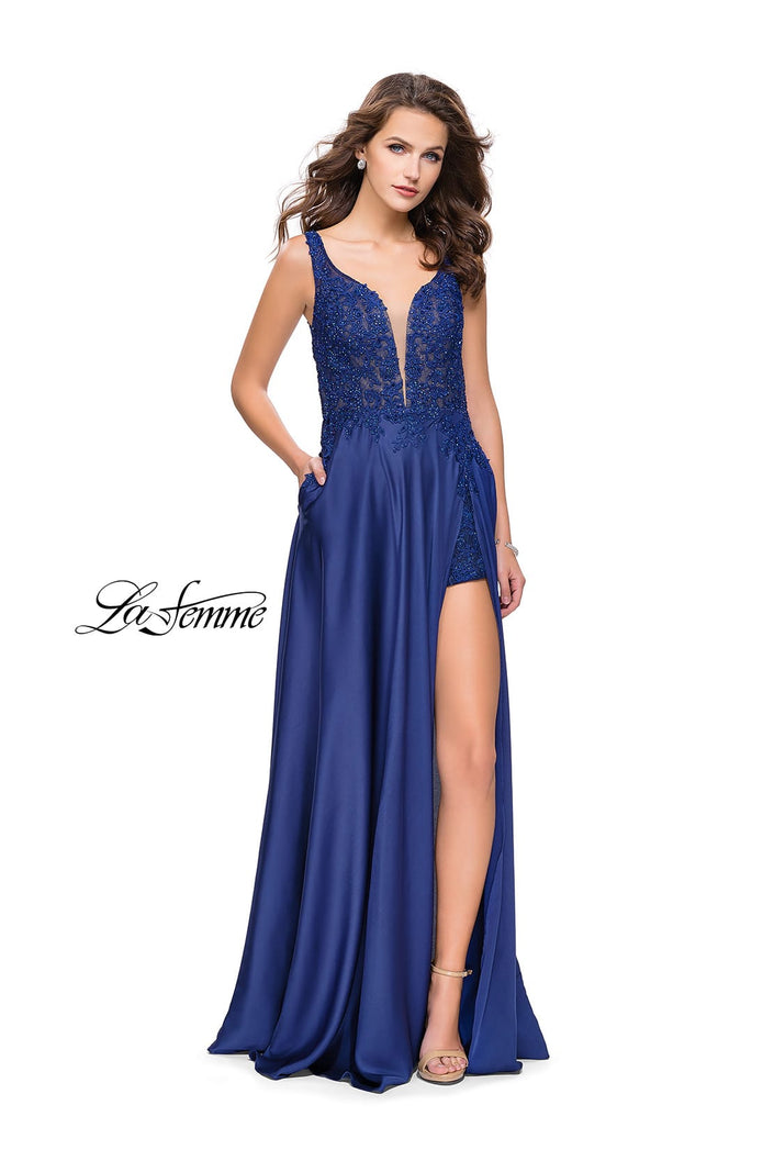 Picture of: Long Prom Dress with Beaded Lace Bodice and Open Back in Navy, Style: 25645, Detail Picture 1