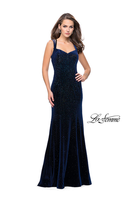 Picture of: Velvet Form Fitting Prom Dress with Intricate Back in Navy, Style: 25681, Detail Picture 1