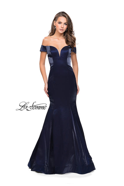 Picture of: Off the Shoulder Satin Prom Dress with Strappy Back in Navy, Style: 25764, Detail Picture 1