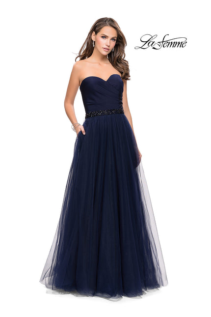 Picture of: Strapless A-line Ball Gown with Layered Tulle Skirt in Navy, Style: 25809, Detail Picture 1