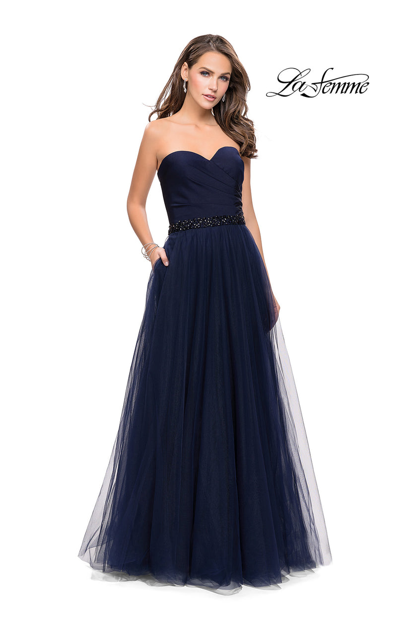 Picture of: Strapless A-line Ball Gown with Layered Tulle Skirt in Navy, Style: 25809, Detail Picture 1