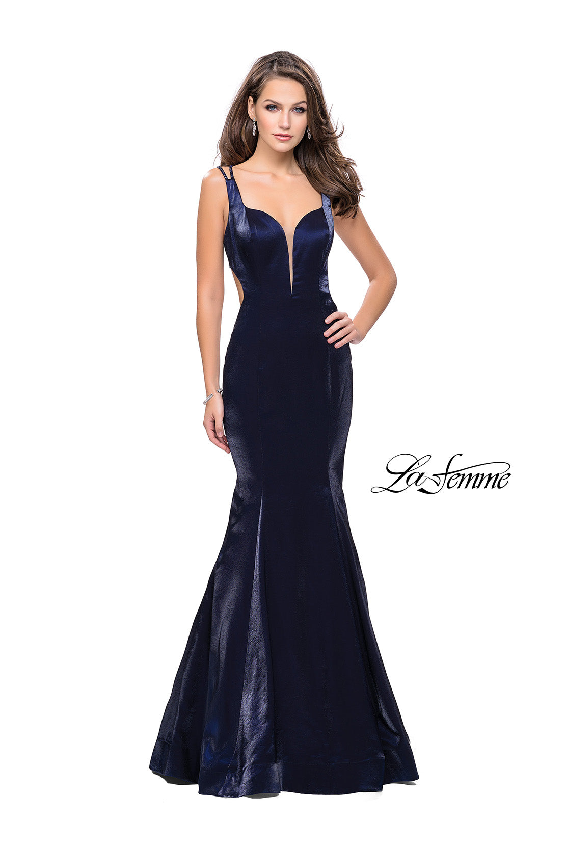 Picture of: Form Fitting Mermaid Prom Dress with Side Cut Outs in Navy, Style: 25813, Detail Picture 1