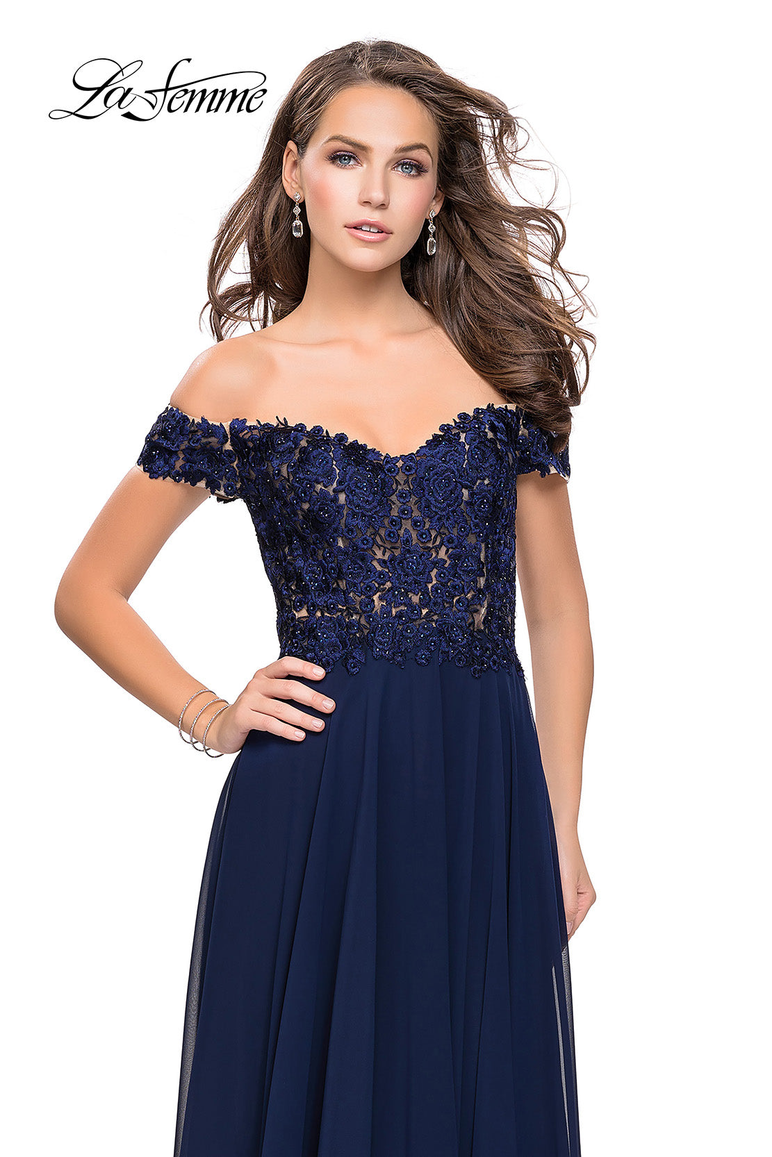 Picture of: Beaded Lace Off the Shoulder Prom Dress in Navy, Style: 26070, Detail Picture 1